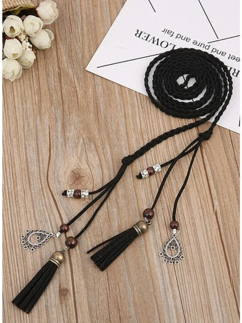 Black Braided Wrap-Around Waist Belt With Tassels & Metal Charms